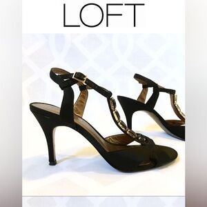 LOFT Black Satin Jeweled Strap Sandals 3.5” Stiletto Heel Formal Evening Wedding